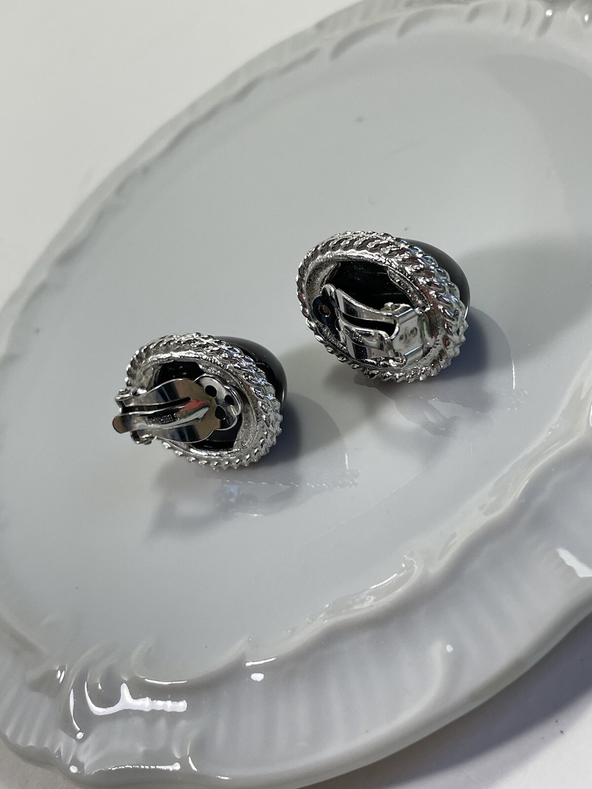 Vintage 80s Signed Les Bernard Clip on Earrings Black with Silver Tone edges