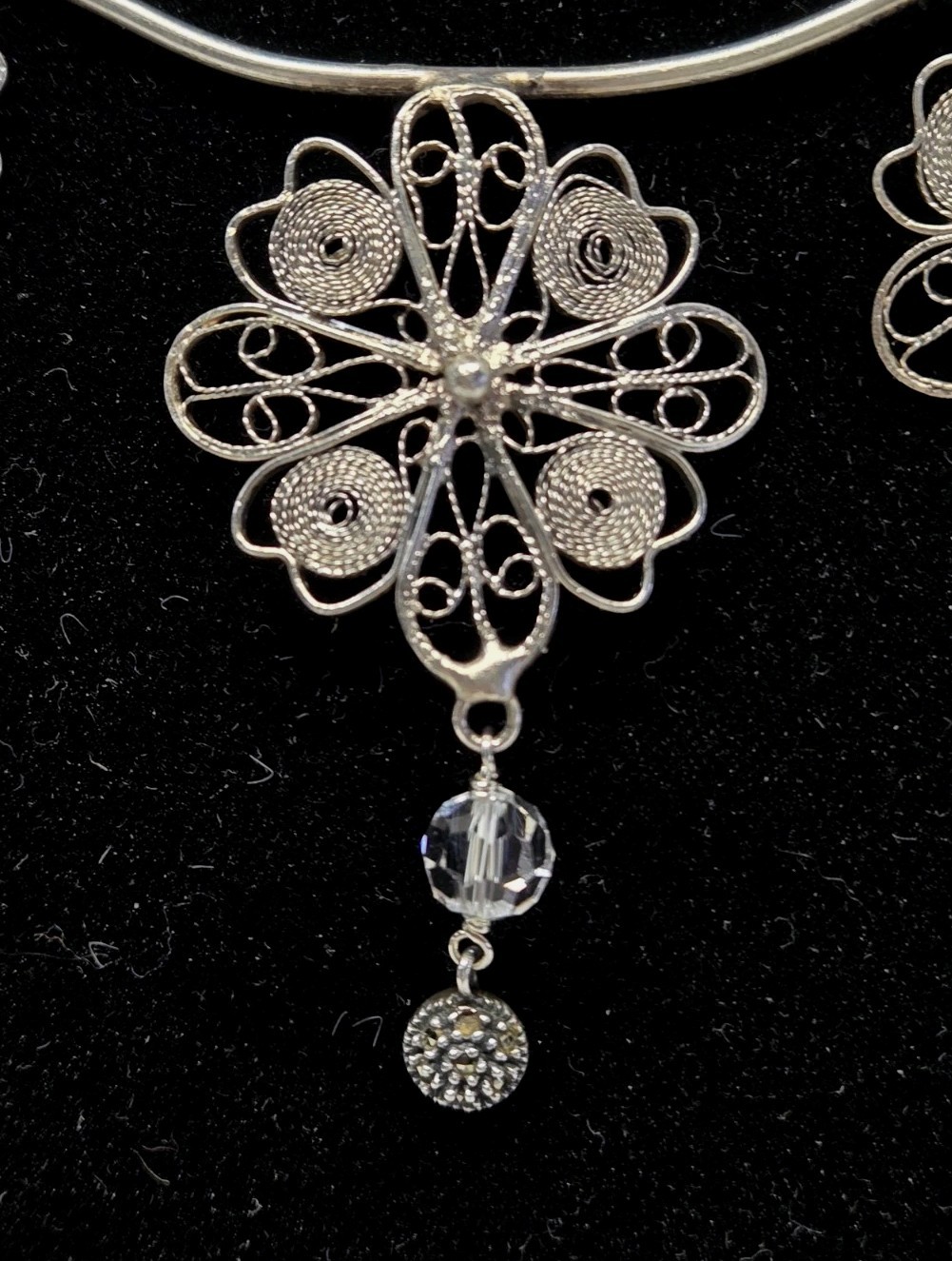 Vintage Sterling Silver Cannetille Filigree Flower Pendant Necklace 18″ 15.5 Gr