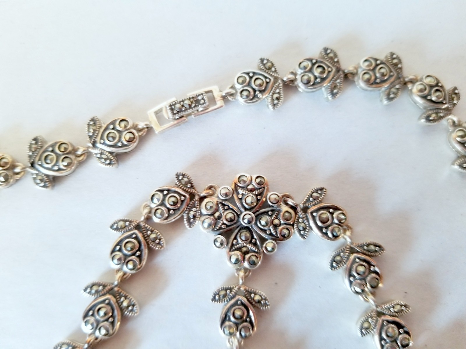 52gms Vintage 925 Silver Hearts Flowers Marcasite Victorian Drop Style Necklace