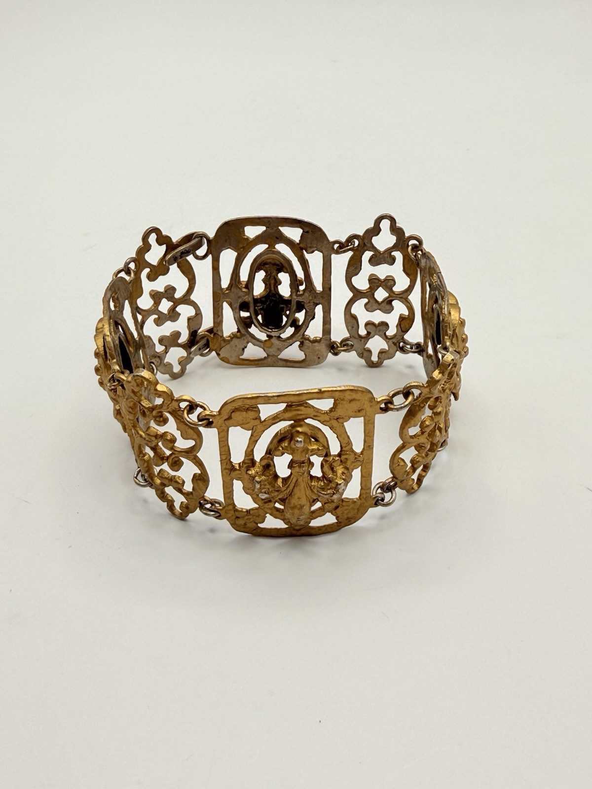 Antique 800 Silver Gilt Filigree Panel Bracelet 44g Ornate 7.5” Gold Washed