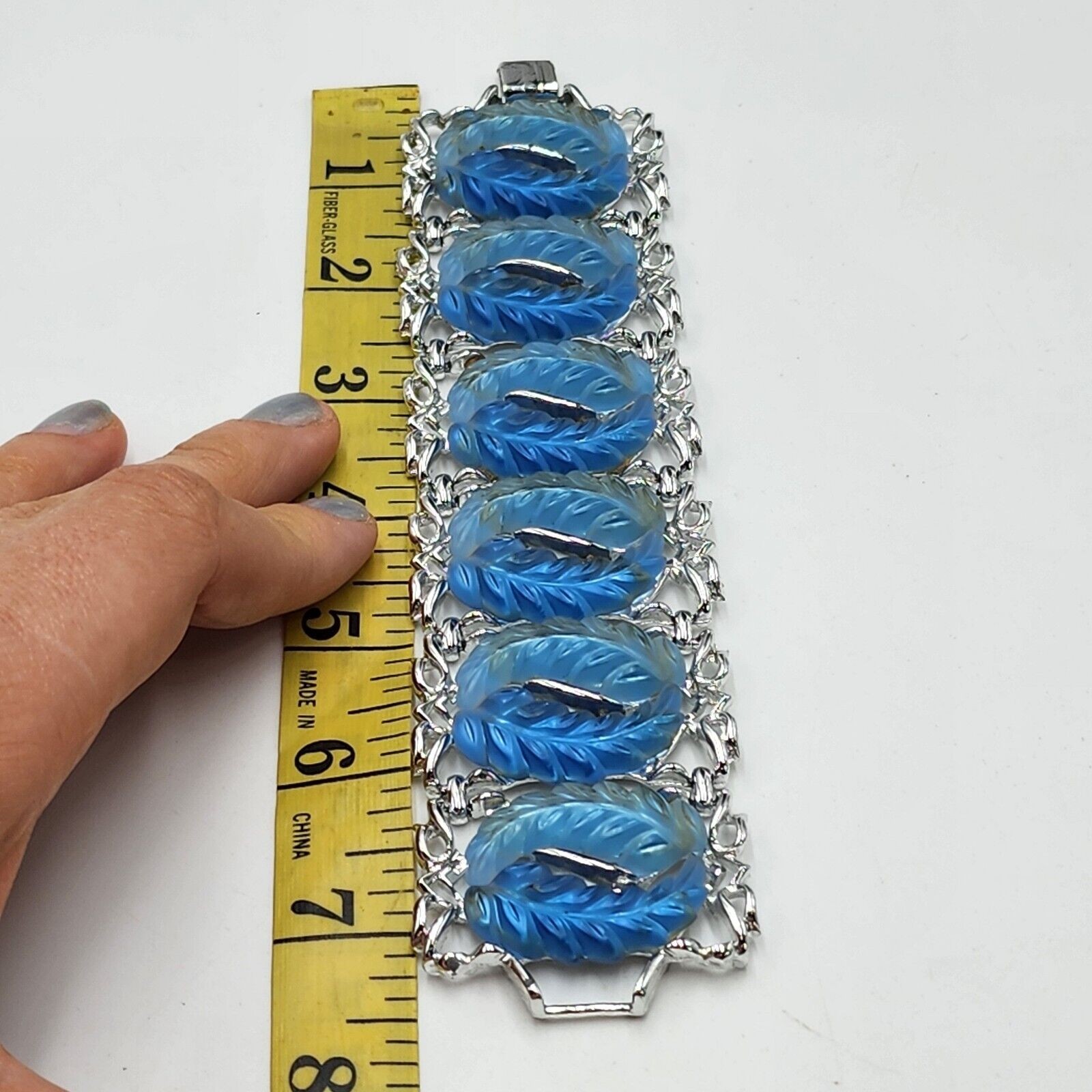 Vintage Blue Tones Thermoset Panel Wide Leaf Bracelet Cuff Mid Century 7.5″