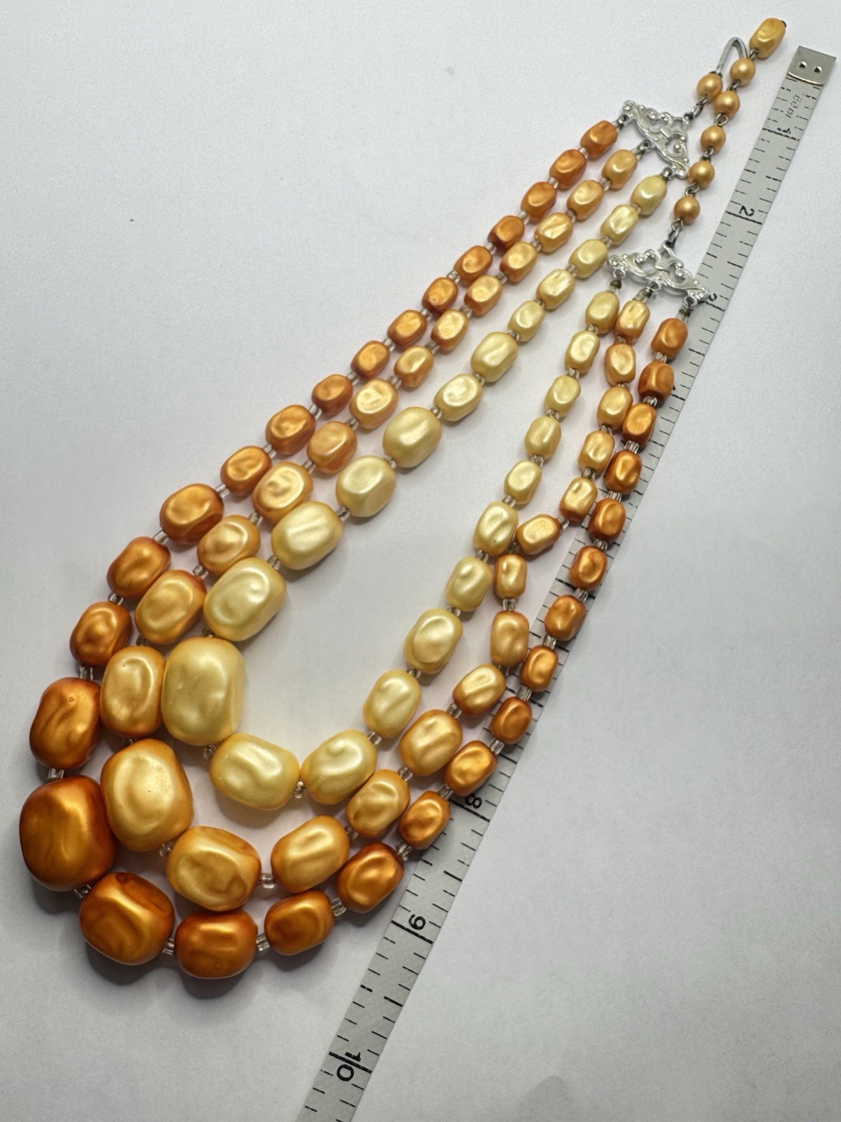 VTG 50’s Triple Strand Beaded Cream Gold Orange Faux Pearl Necklace HONG KONG