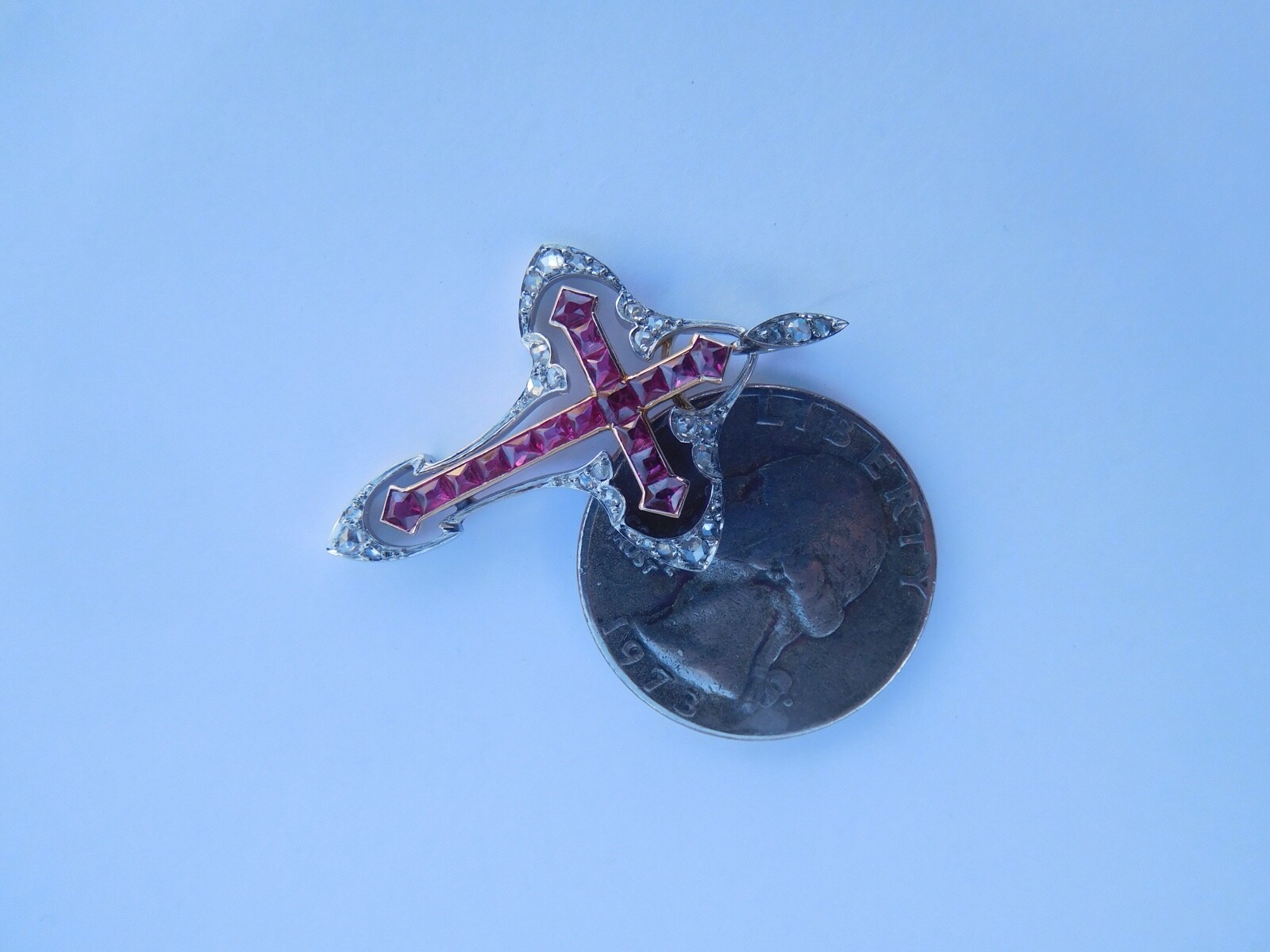 Belle Époque Art Nouveau 18K Rose Gold Platinum Diamonds Rubies Cross Pendant 🥀