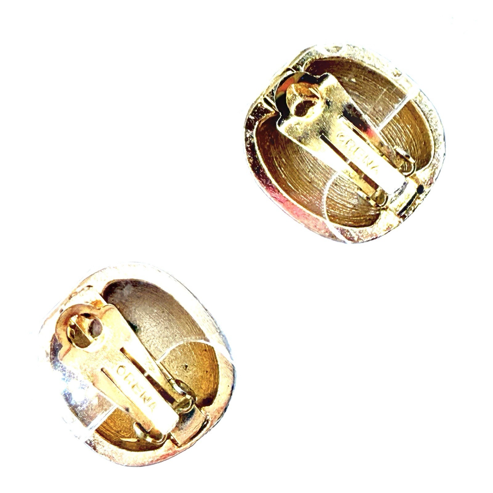 Vtg Orlena Goldtone Earrings ClipOn French Geometric Pattern Amber Enamel Rare G