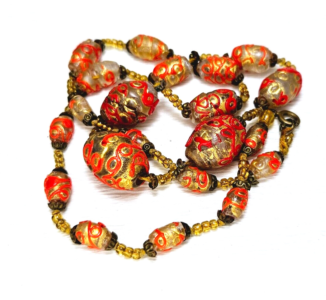 Antique Venetian Necklace Vibrant Red Looping Design Over 24k Foil Glass Bead