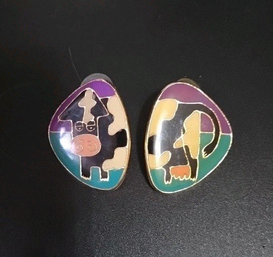 Whimsical Cow Stud Earrings Gold Tone Black Spotted Cow Resin Over Enamel