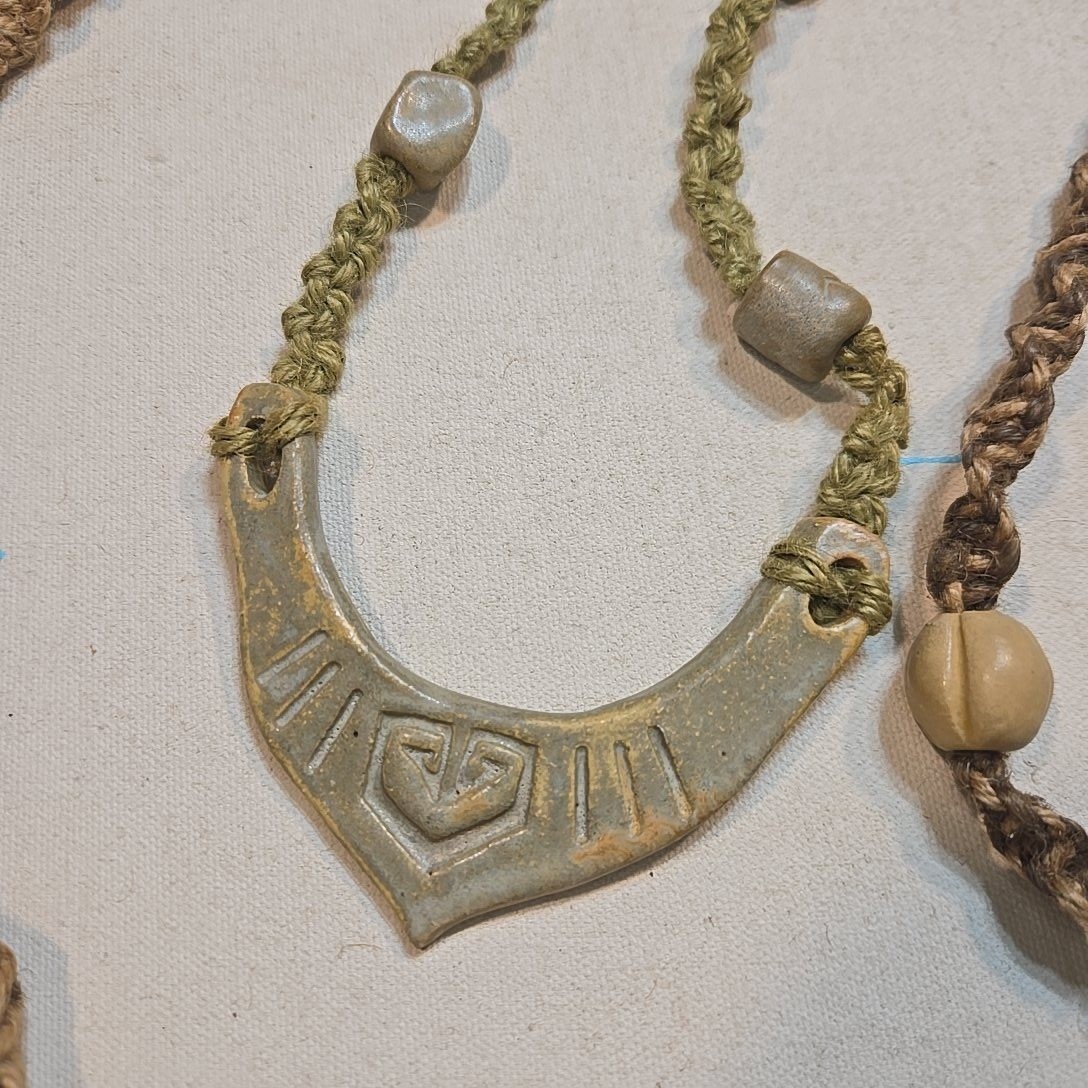 VTG 70s 80s Pottery Clay Bead Necklaces 9pc Signed Artisan Macrame Hemp 12-18in