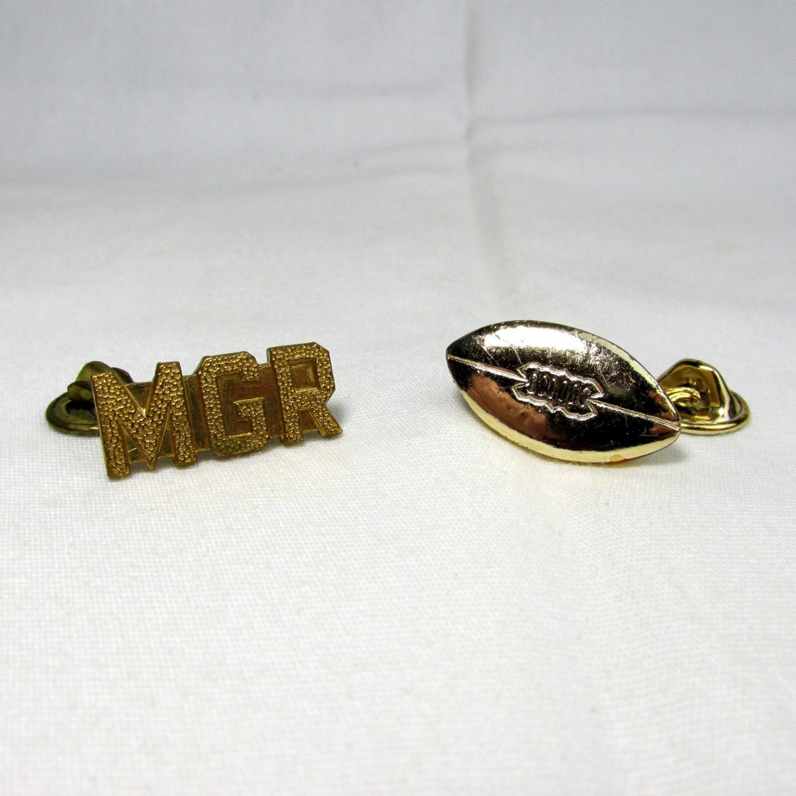 Vtg Management MGR Manager & Football Clutchback Golden Lapel Hat Pins Varsity