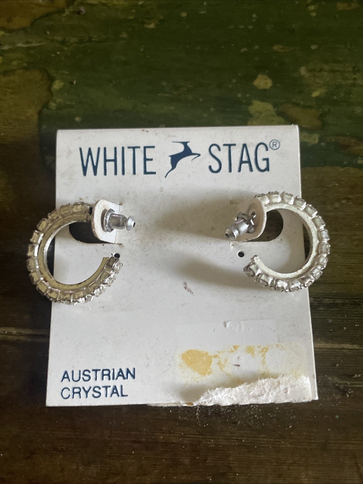 Vintage White Stag Silver Tone Hoops With Austrian Crystals