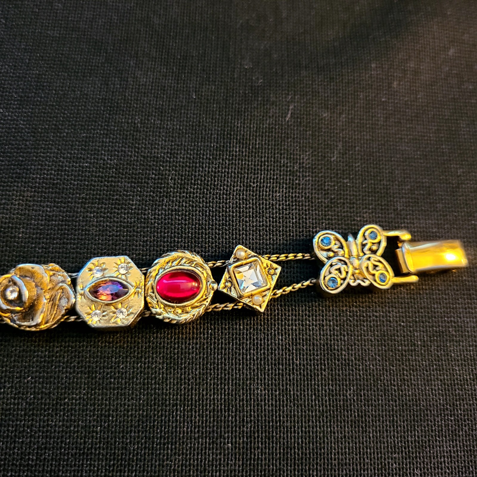 Vintage Victorian Gold Tone Slide Bracelet (14) Charms Mom Cameo Butterfly Heart