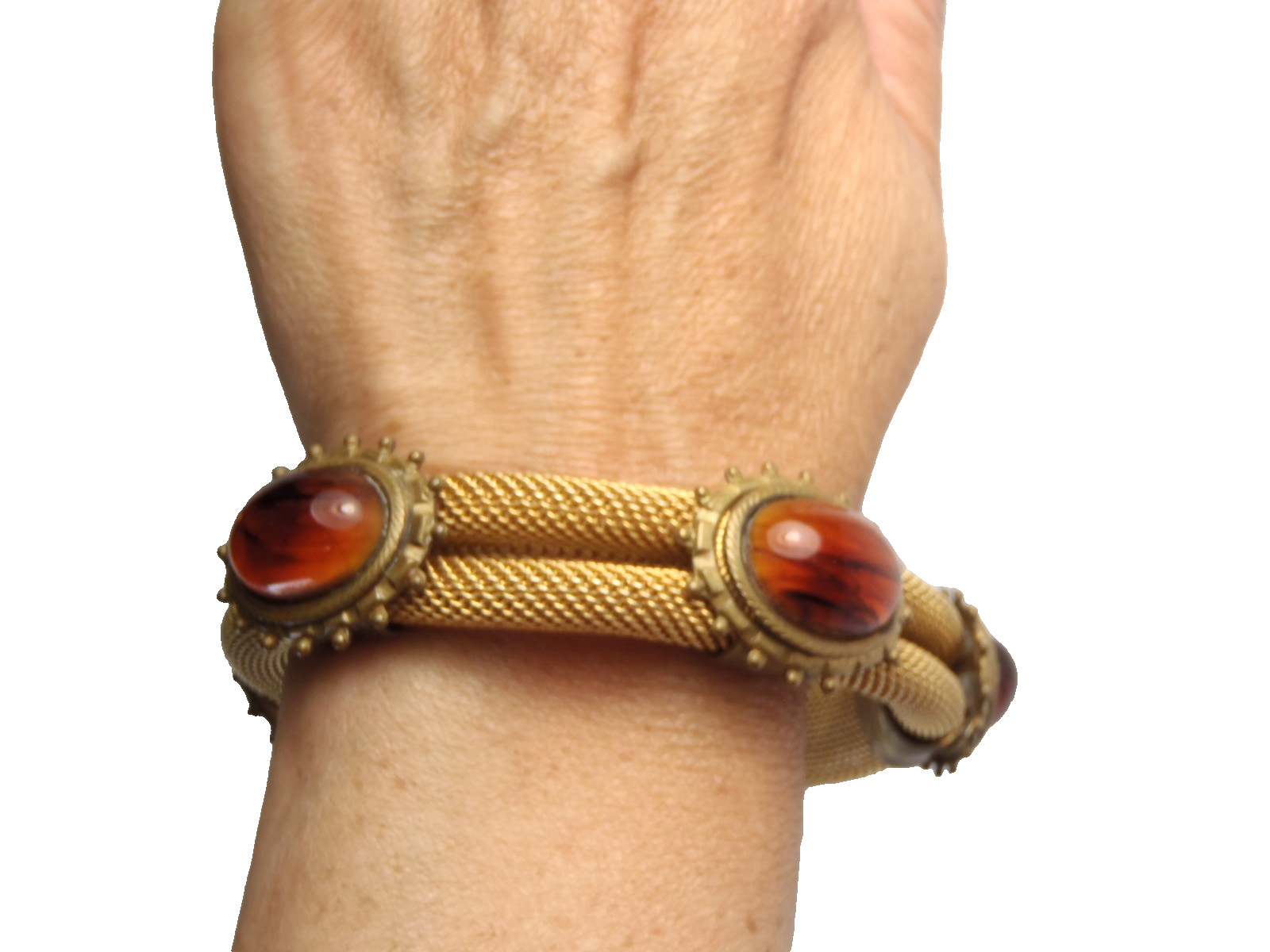 Estate Vintage Gold Toned Mesh Bangle Bracelet With 5 Stones 76 Grams 7 1/2″