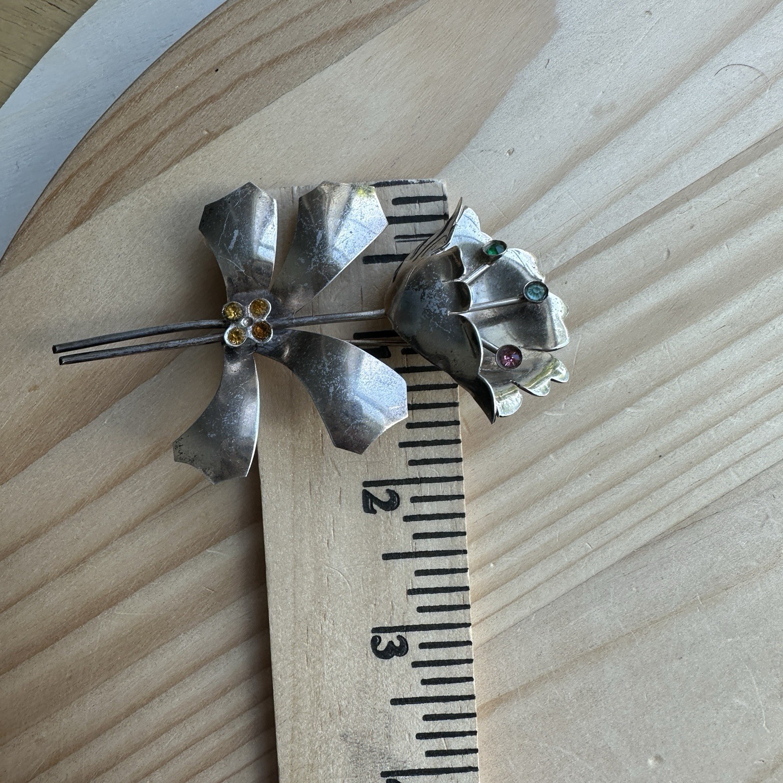 Vintage Artisan Brooch Pin 3.25 Inch Multicolor Crystals Sterling Silver 17.5g