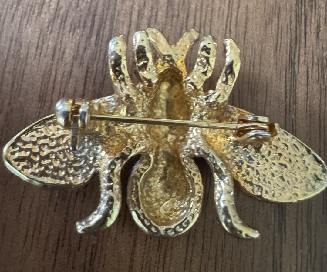 VTG Bee Brooch Gold Tone Enamel Rhinestone Insect Pin Cottagecore Garden