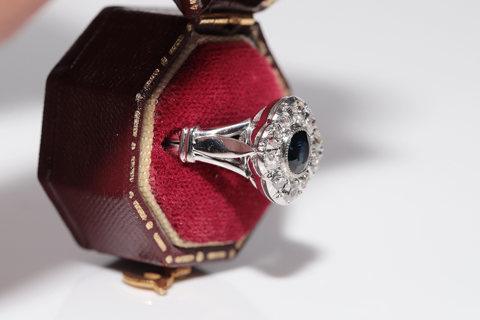 Antique Circa 1920s 18k Gold Art Deco Natural Diamond And Sapphire Navette Ring