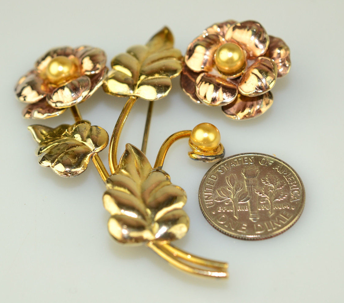 VINTAGE 2 3/8 INCH ROSE & YELLOW GOLD FILLED PIN WITH FLOWERS & LEAVES