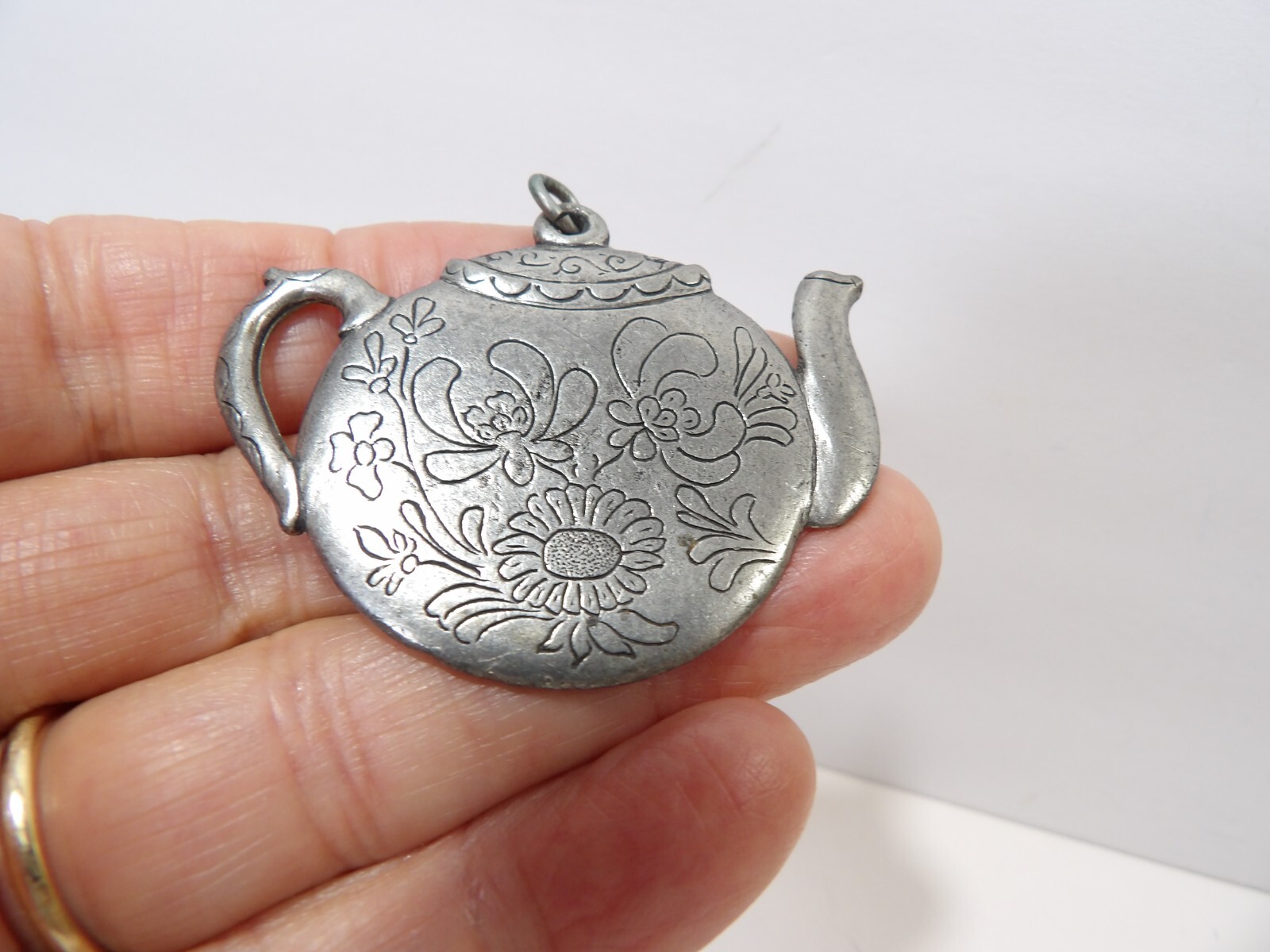 Vintage Havstad Tinn Signed Pewter Tea Pot Pendant Or Ornament ~ Made In Norway
