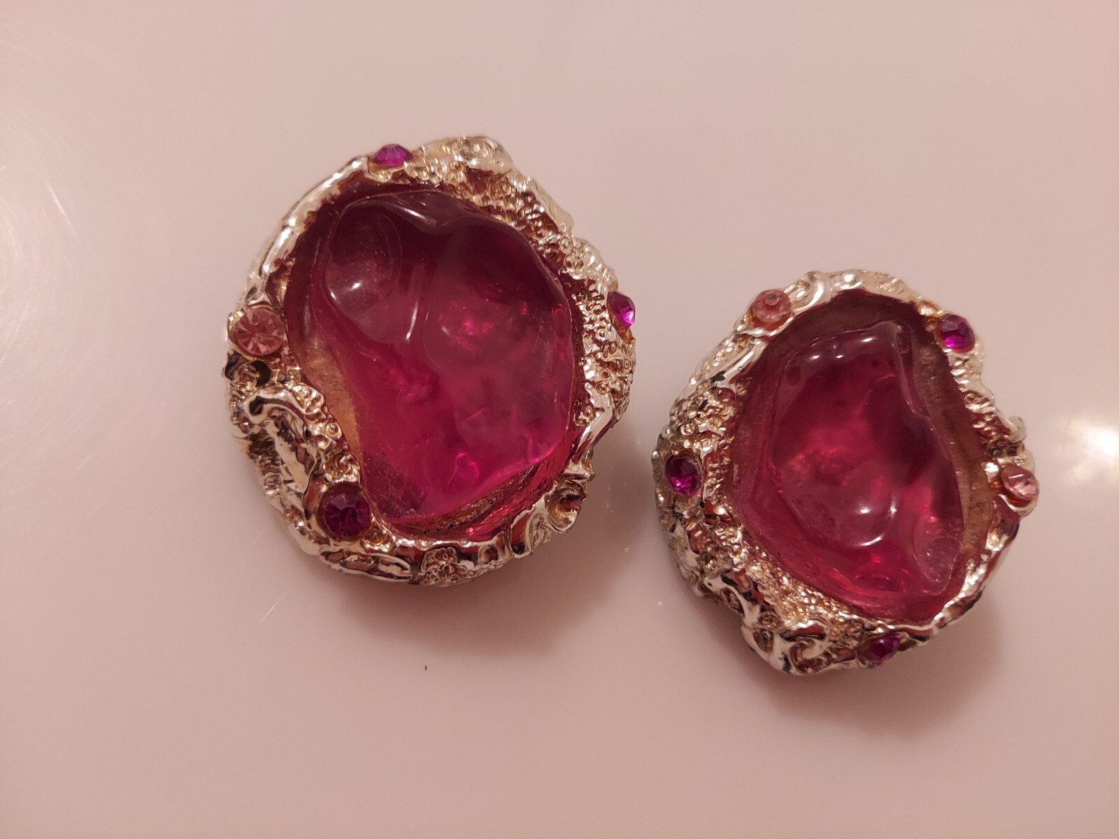 purple lavender lozenge crinkled metal earrings statement posts rhinestones 1.5″