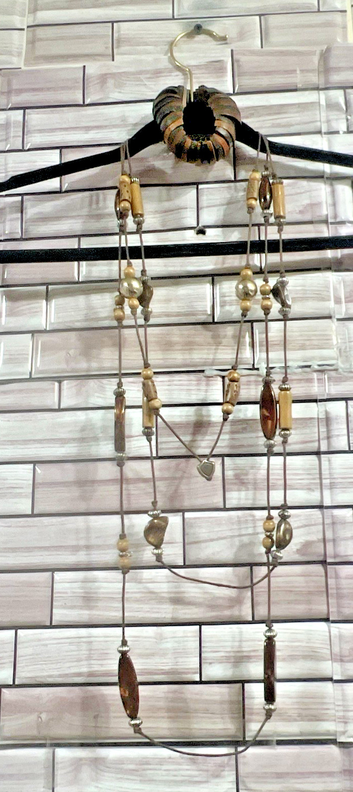 VTG Beaded statement necklace wood silver shell-like beads cord & bracelet Y2K