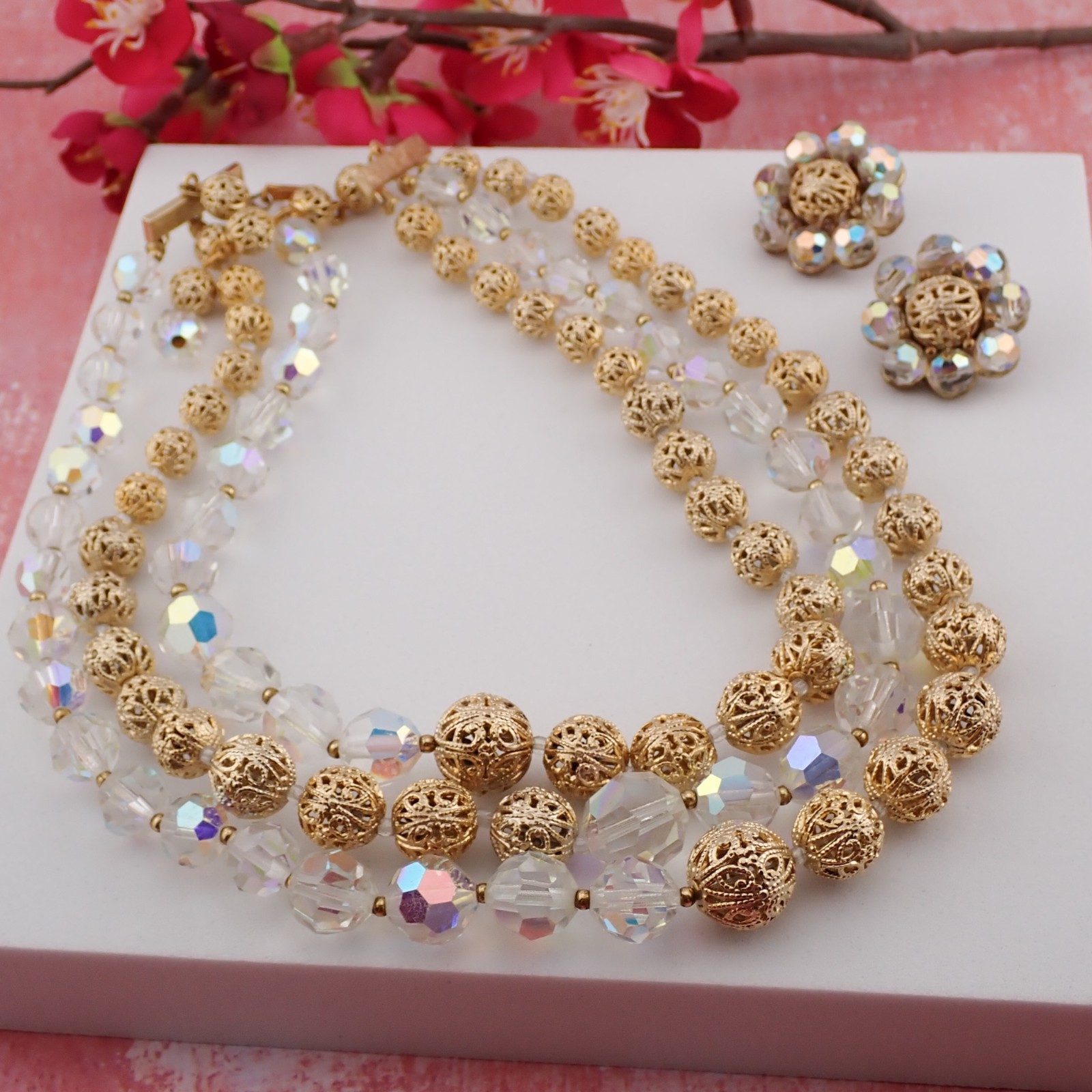 VTG 3 Strand AB Faceted Glass Crystal Gold Tone Filigree Ball Necklace Earrings