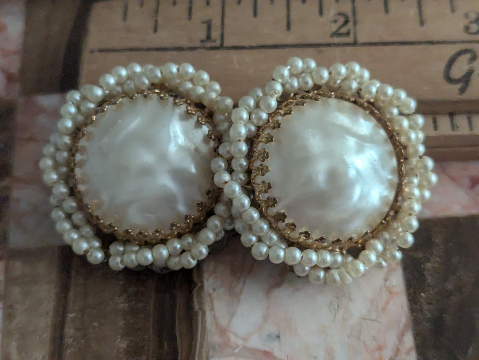 Miriam Haskell Large Pearl Ornate Cluster Statement Art Earrings Vtg Jewelry