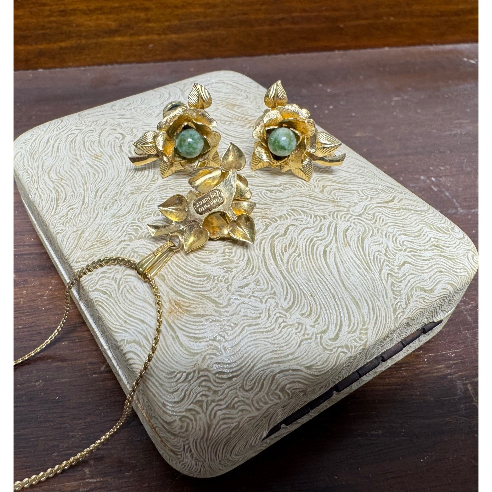 Vintage Sorrento 12K Gold Filled Jade Rose Necklace and Earrings Set with Box