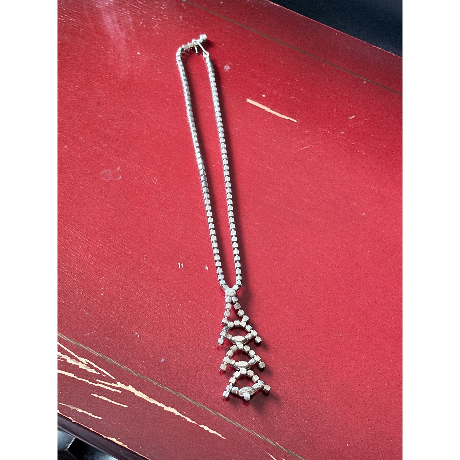 Vintage Rhinestone Geometric Pendant Necklace Stacked Lozenge Drop 14″ Prom 50s