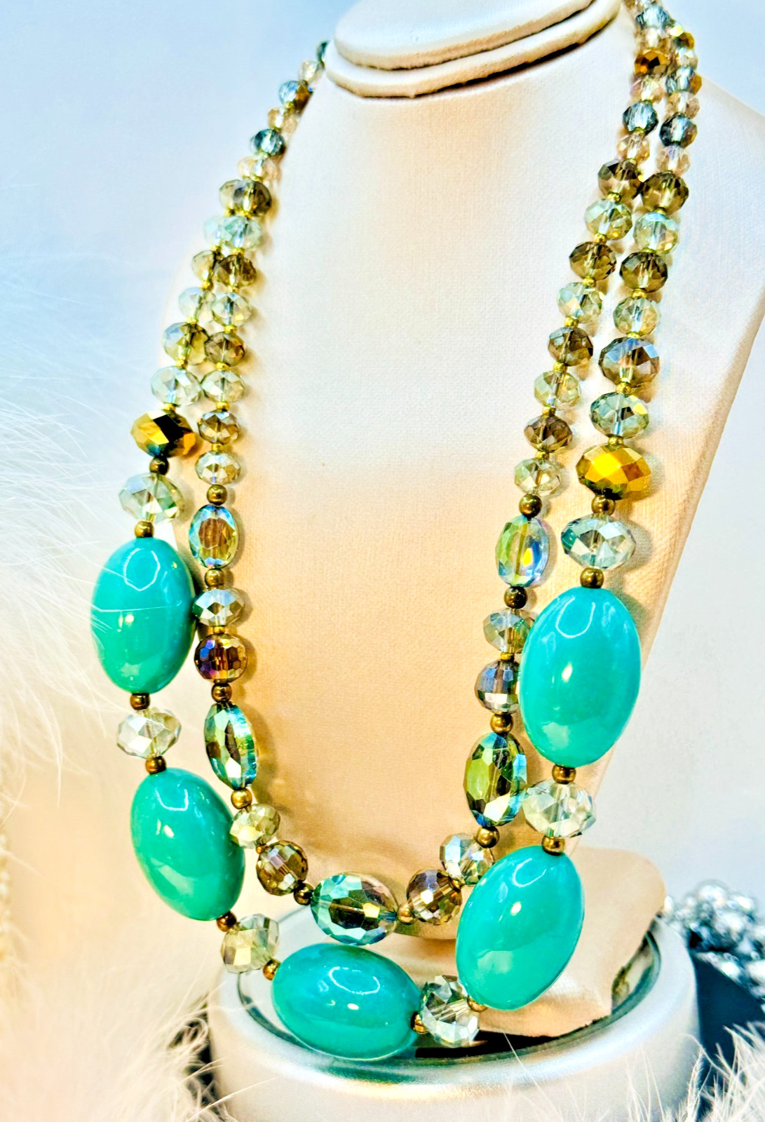 Vtg Iridescent Fully Faceted Crystals, Glass Beads 16 1/2″ Beautiful Necklace!!