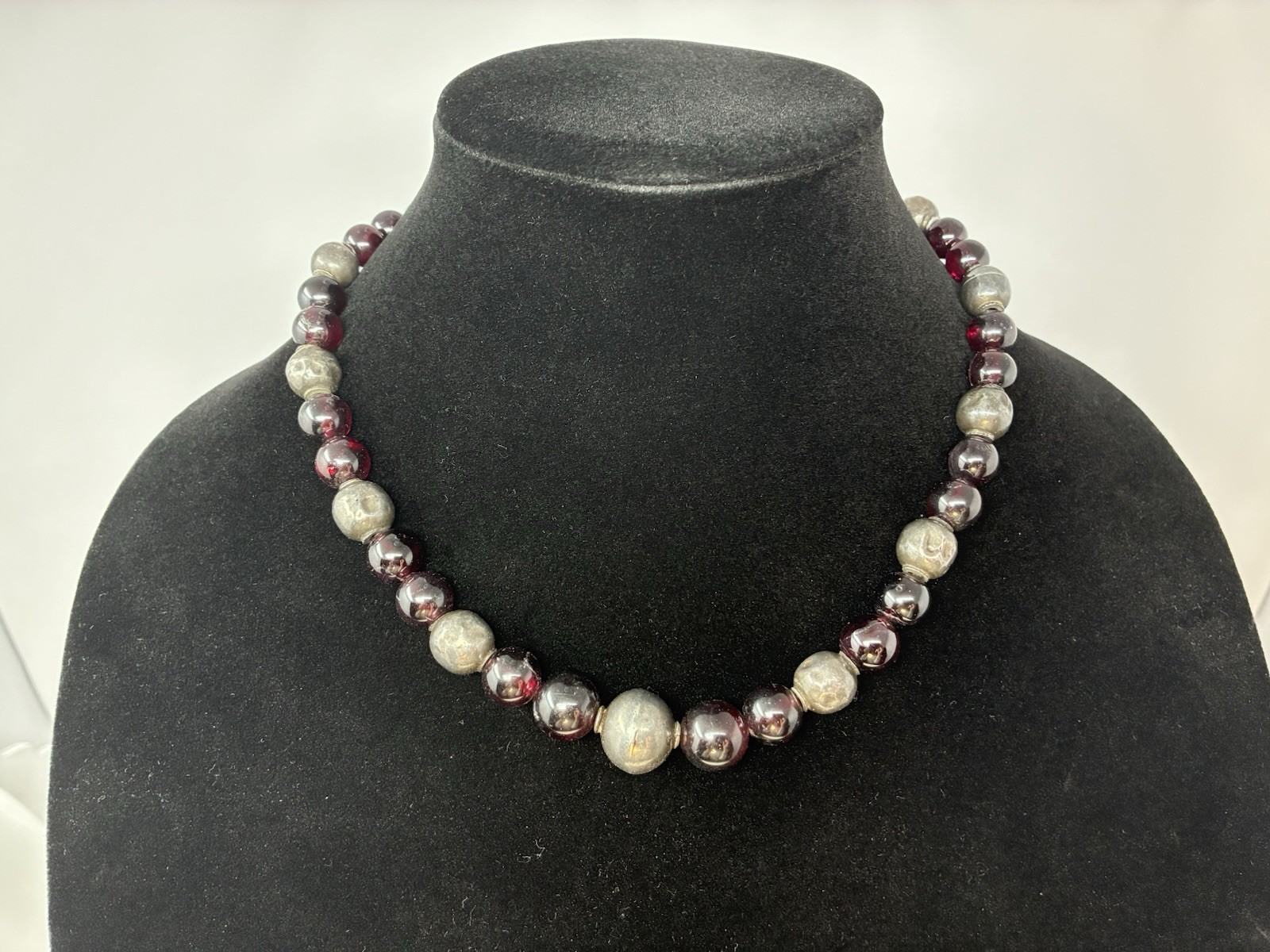 Vintage Beaded Necklace Deep Wine Glass And Artisan Silver Beads And Hook Clasp