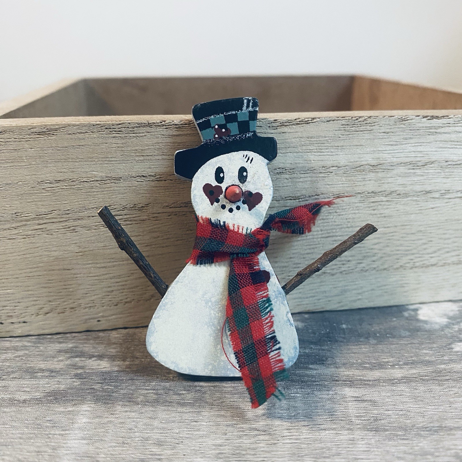 Vintage Hand Crafted Folk Art Wooden Christmas Snowman Carrot Nose Pin Brooch