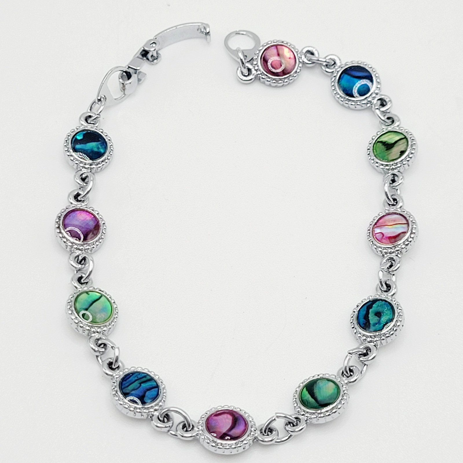 Signed SJ Colorful Paua Abalone Shell Silver Tone Link Vintage Bracelet 7.25 in