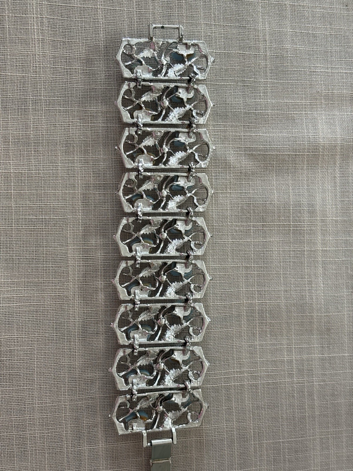 Vintage Silver Tone Blue Thermoset Enamel Wide Cuff Link Bracelet 7 1/2 Inch