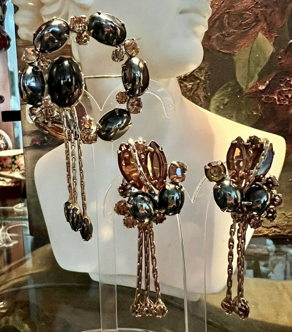 Rare D&E Juliana Hematite Topaz Dangling Chain Rhinestone Drops Brooch Earrings