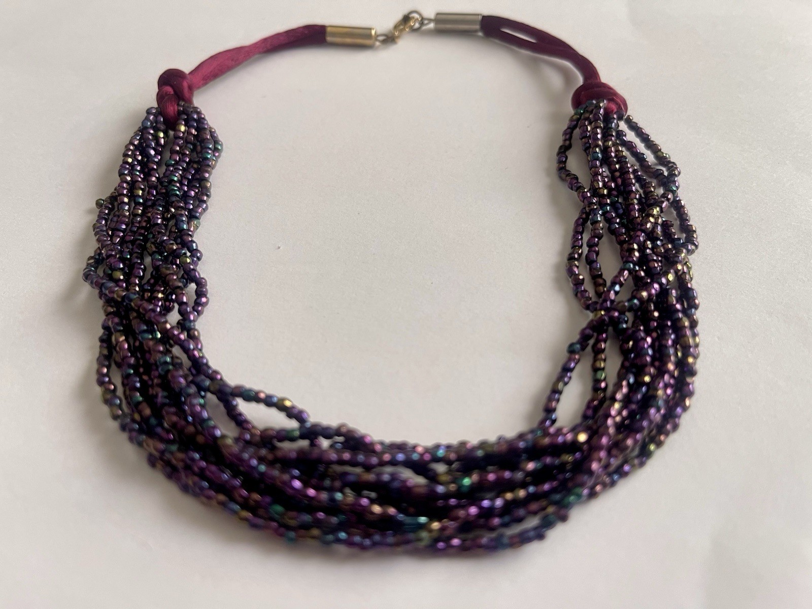 Vintage Multi-Strand Purple Peacock Seed Bead Choker Necklace Matching Earrings