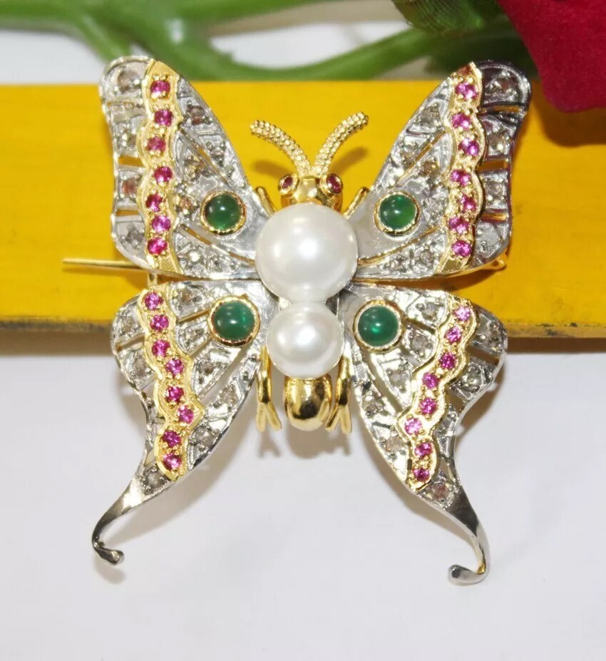 2.40ct Rose Cut Diamond Ruby Emerald Pearl 925 Silver Butterfly Brooch Pin
