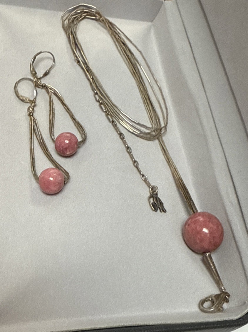 POLLACK HSN LIQUID SILVER PINK GEMSTONE BALL BEAD PENDANT NECKLACE EARRINGS SET