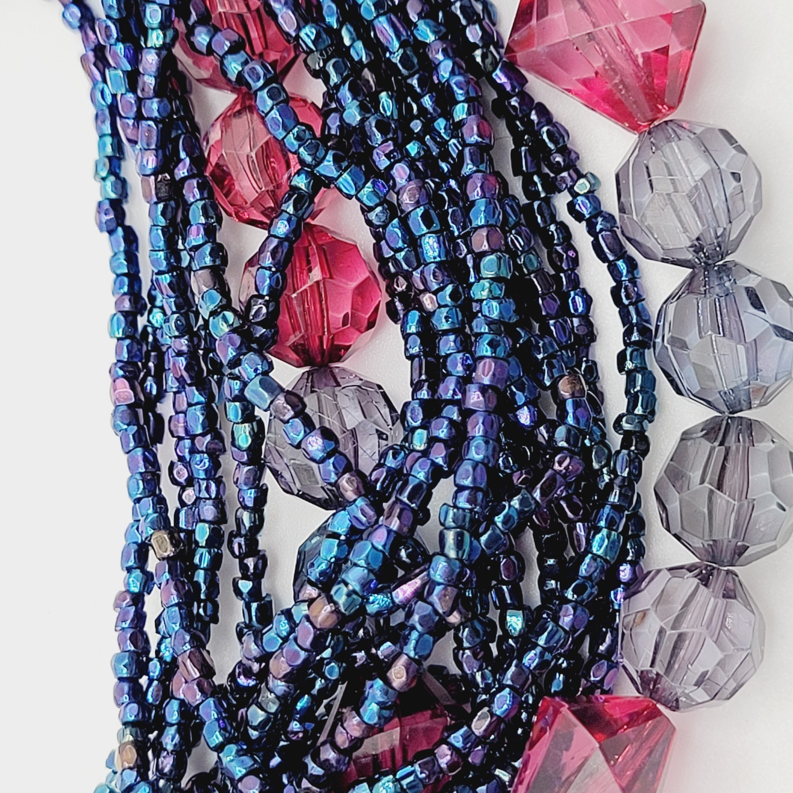 Purple and Deep Blue Iridescent Twist Multi Strand Glass Beaded Vintage Necklace