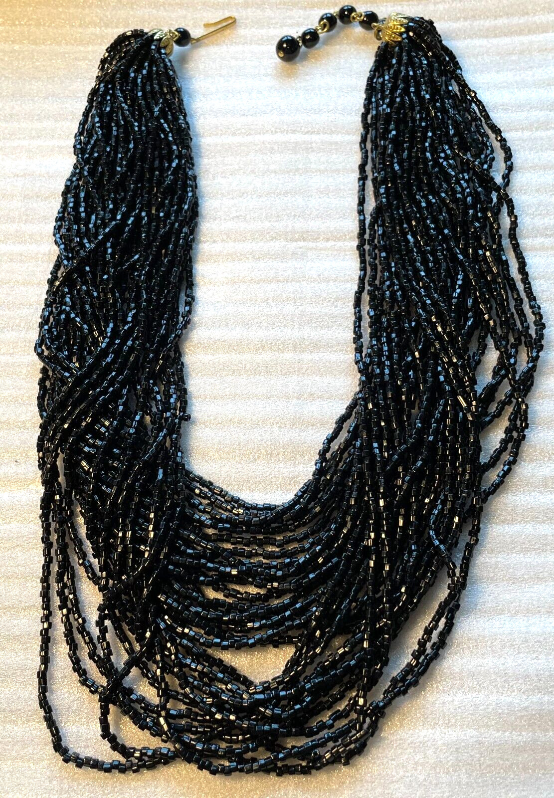 Vintage Black Seed Bead Art Deco Multi Strand Necklace 16” with 3” Extender