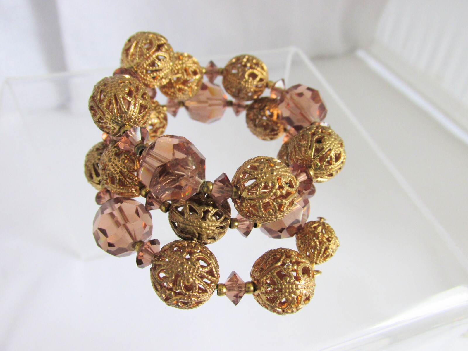 Vintage Topaz Glass Crystals & Gold Plate Filigree Metal Beads Wrap Bracelet