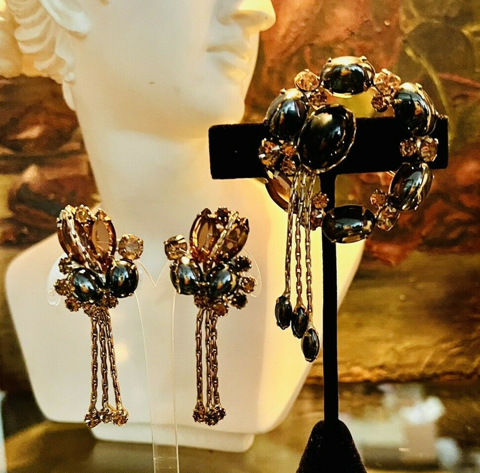 Rare D&E Juliana Hematite Topaz Dangling Chain Rhinestone Drops Brooch Earrings