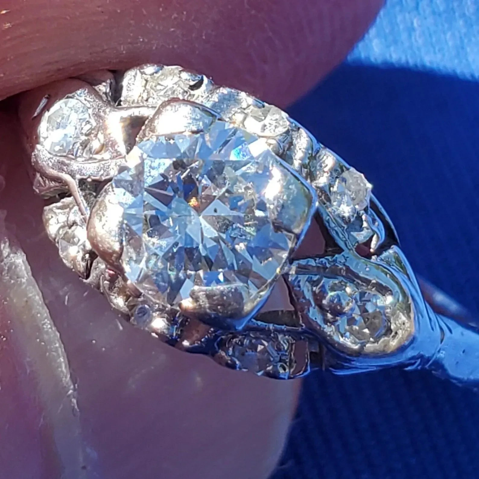 Original EARTH MINED DIAMOND Deco Engagement Ring Antique PLATINUM Solitaire S 8