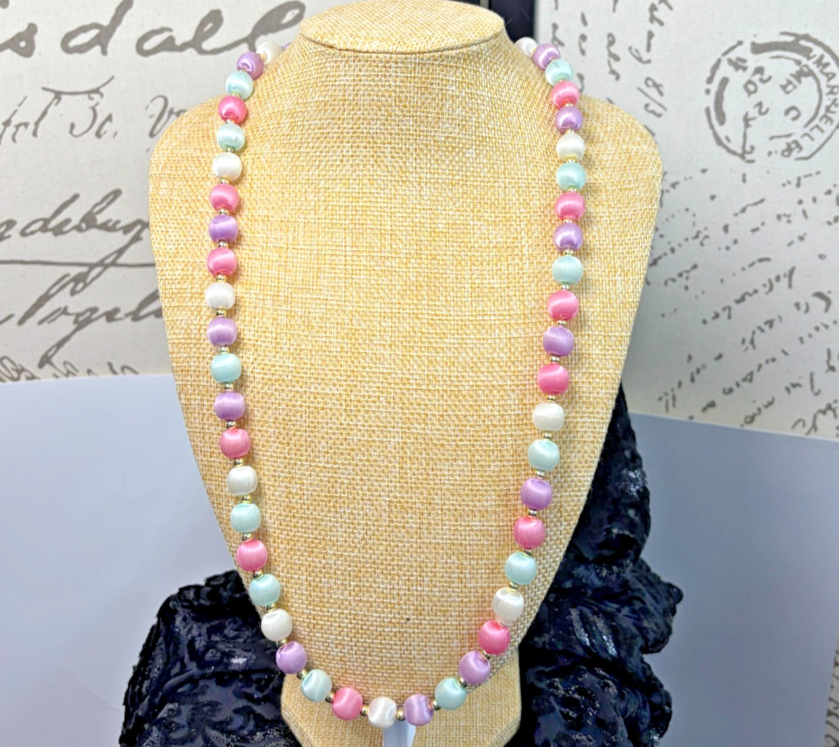 Vintage 80s Purple Pink Green White Pastel Handmade Satin Silk Bead Necklace