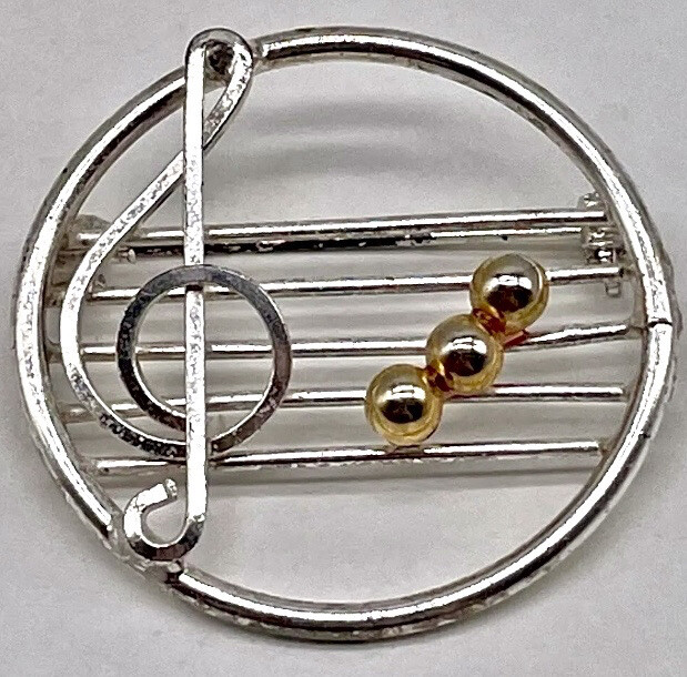 Vintage Two-Toned Sheet Music Pin Silver & Gold Toned Musical Notes Brooch 1.5”H