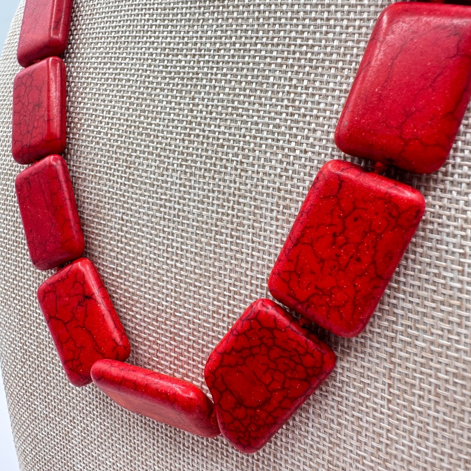 Vintage 90s Red Howlite Turquoise Rectangle Beaded Statement Necklace Jewelry