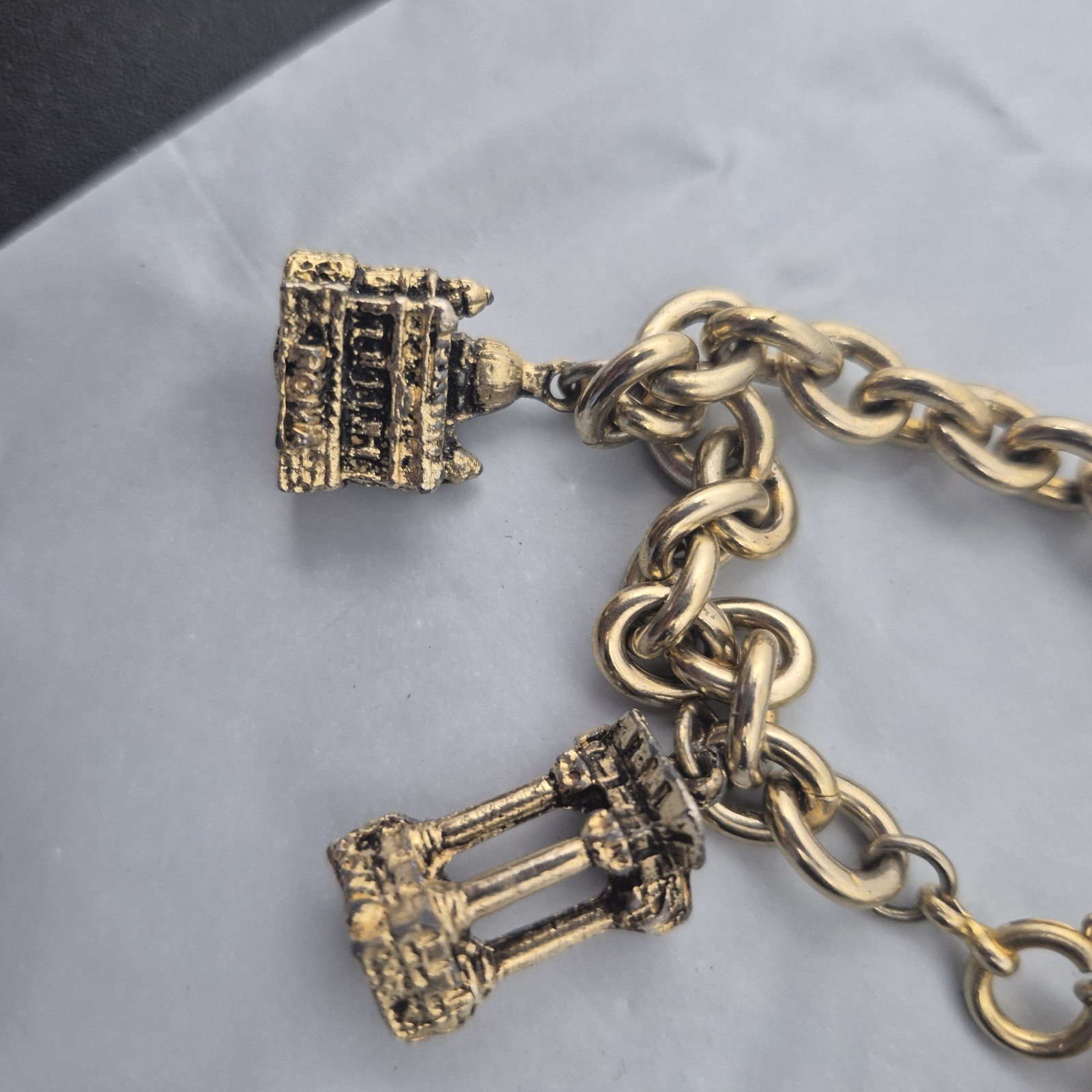 Vintage Brassy Gold Tone Charm Bracelet with 4 Charms Government Buildings