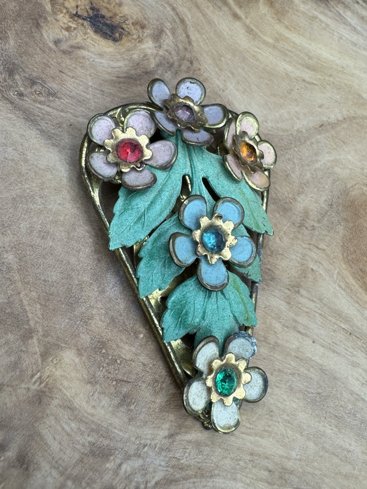 Vtg Heart Brooch Enamel Flowers Leaves Rhinestones Gold Tone
