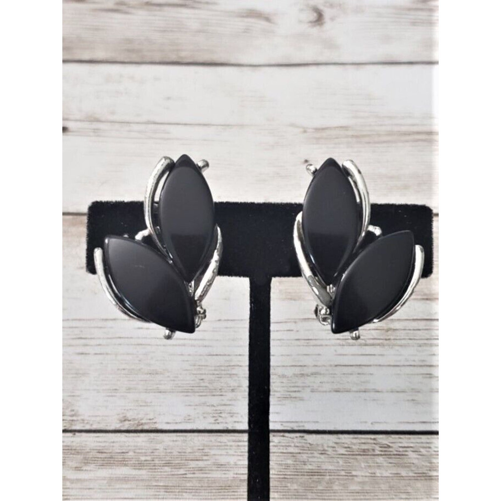 Vintage Clip On Earrings Black Leaves with Silver Tone – Statement