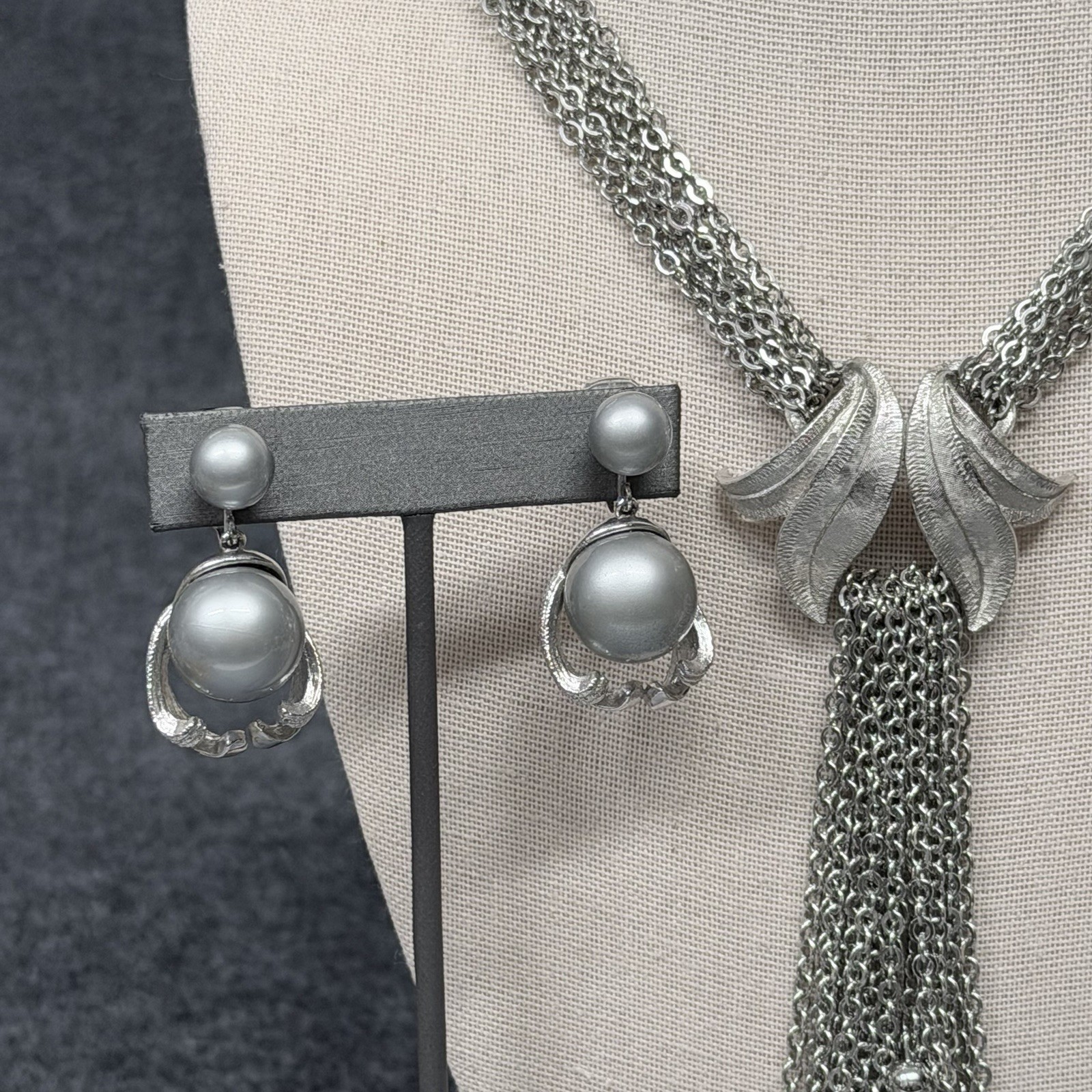 Vintage Tassel Necklace Multi Chain Gray Faux Pearl Clip Earrings Brooch Set