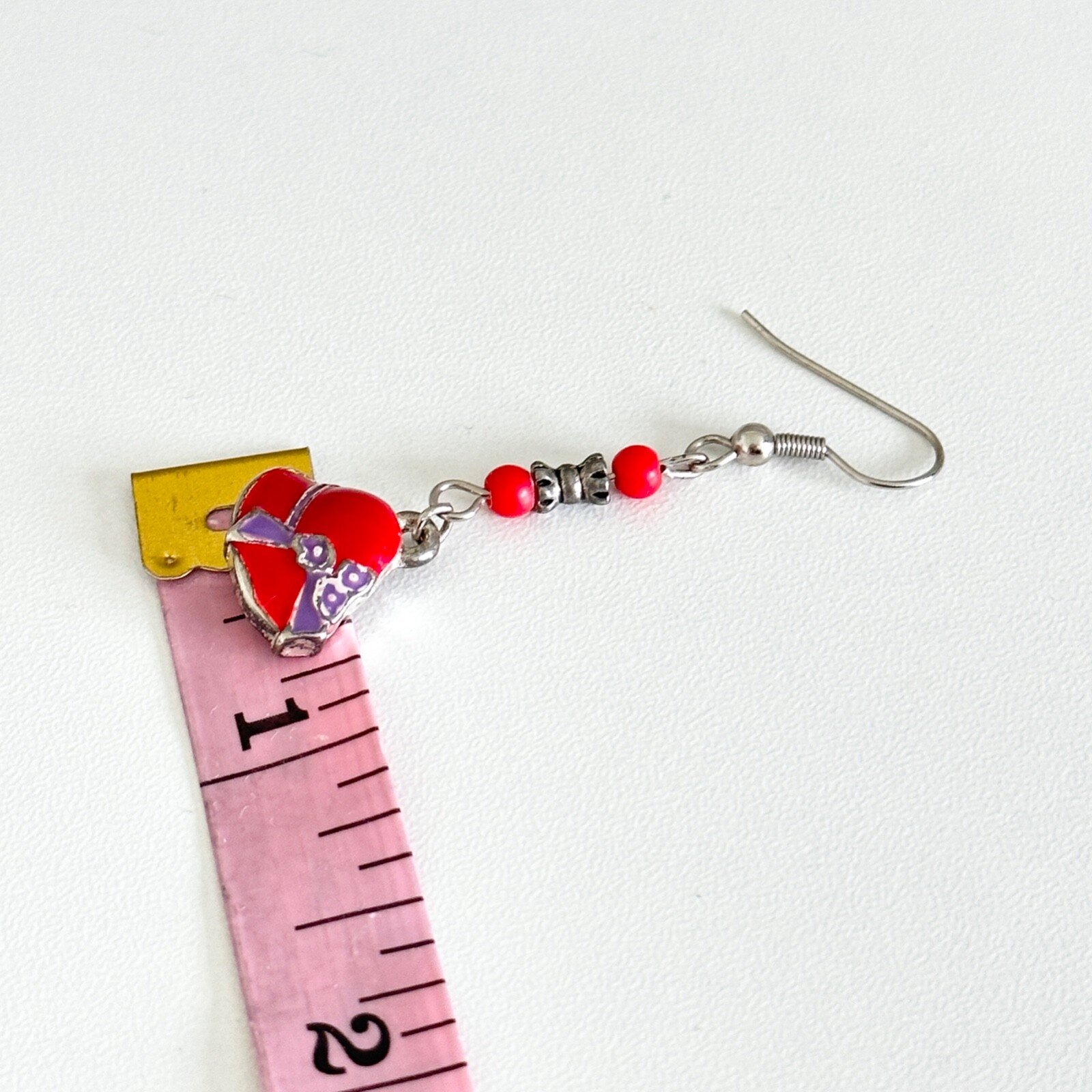 Vintage Red Purple Enamel Floral Bonnet Hat Silver Tone Pierced Drop Earrings