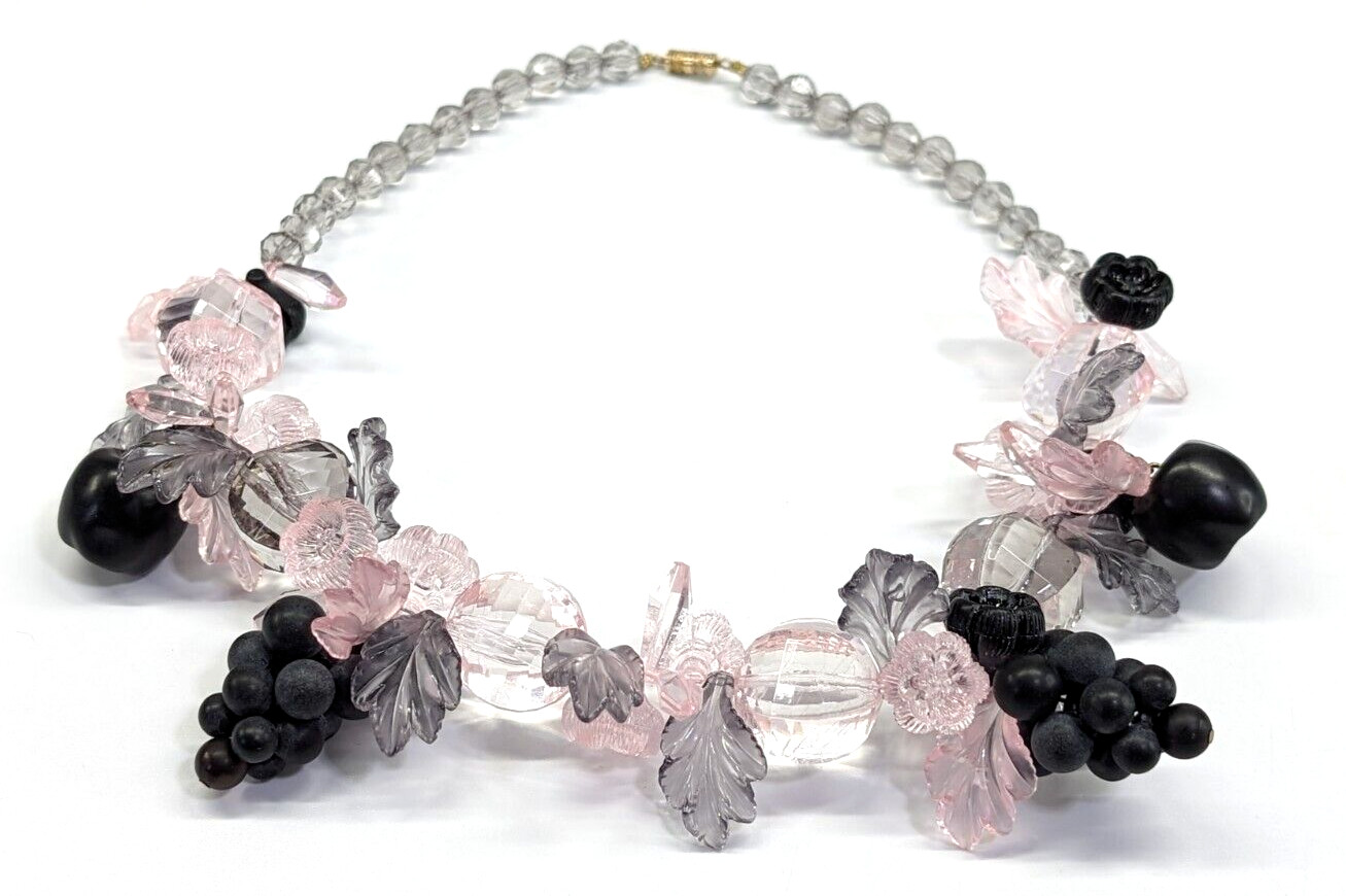 Vintage Pink Purple Black Acrylic Leaves Grapes Vine Beaded Statement Necklace