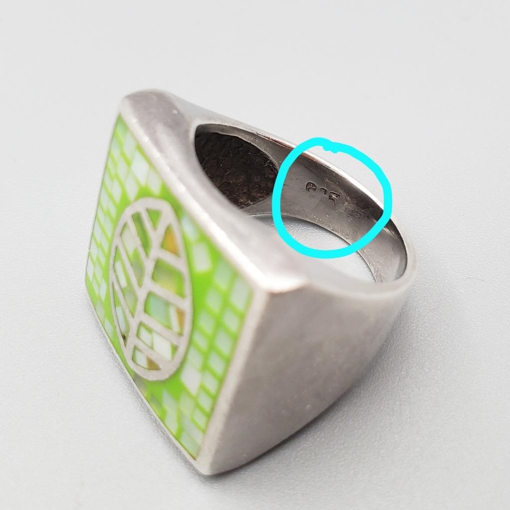 Sterling Leaf Ring Lime Green Enamel MOP Mosaic Size 7.5 1990s Y2k Austria ?